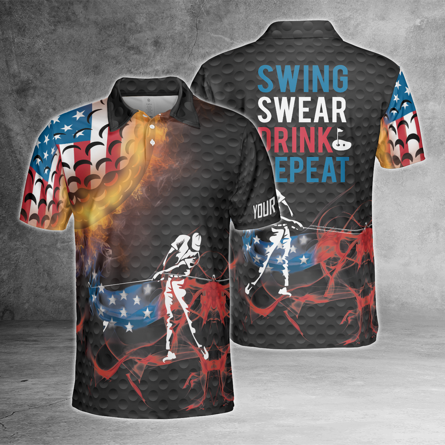 Swing Swear Drink Repeat American Flag Custom Name Golf Polo Shirts, Golf Gift For Men, Golfing Apparel