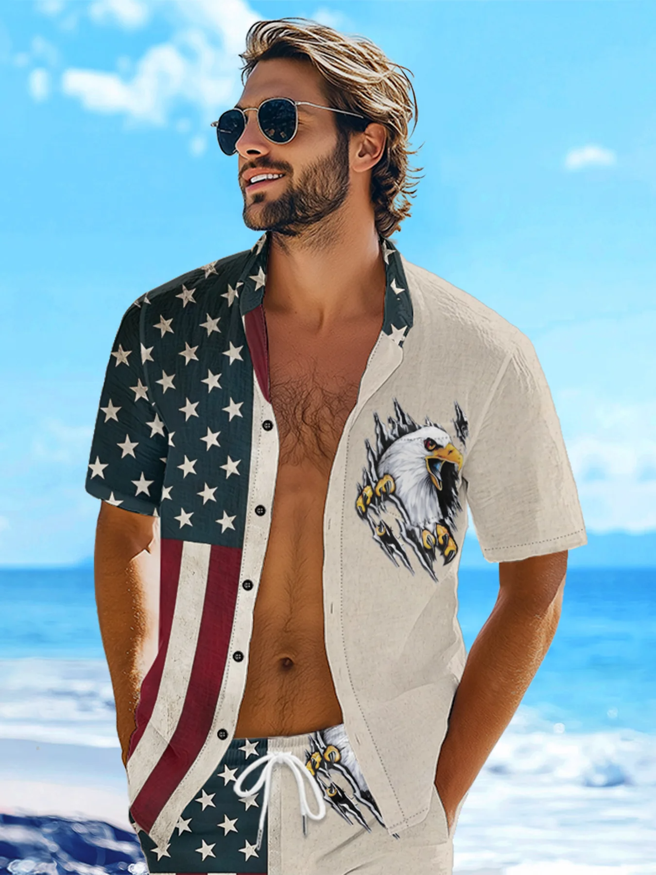 Retro Eagle American Flag Pride Hawaiian Golf Shirt, 250th Anniversary Tropical Vibe Men's Golf Shirt