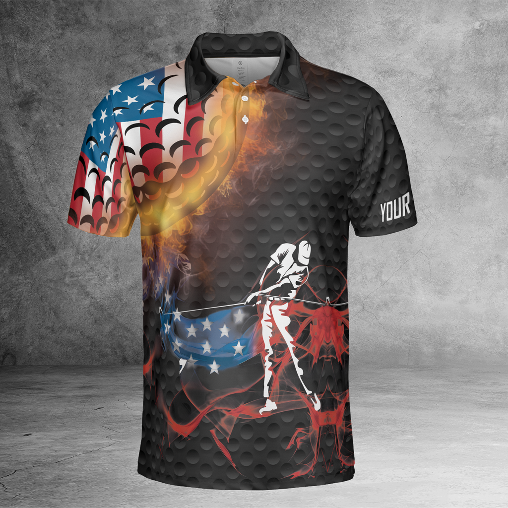 Swing Swear Drink Repeat American Flag Custom Name Golf Polo Shirts, Golf Gift For Men, Golfing Apparel