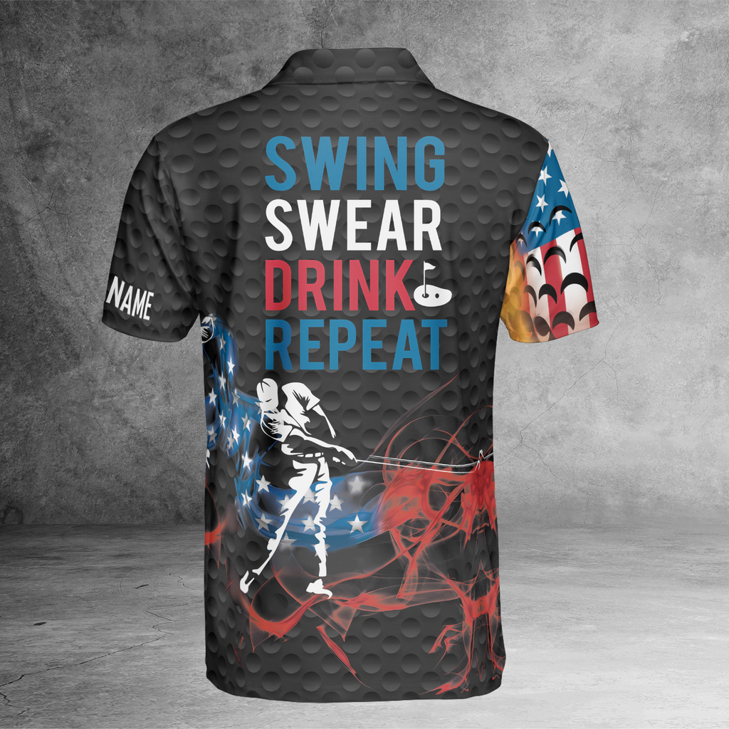 Swing Swear Drink Repeat American Flag Custom Name Golf Polo Shirts, Golf Gift For Men, Golfing Apparel