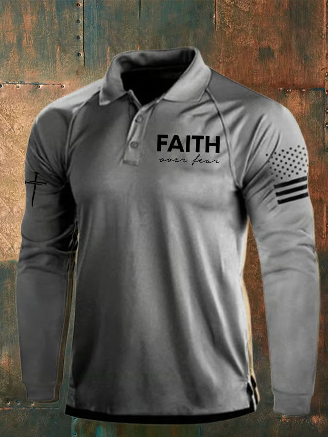 Faith Over Fear Vintage American Flag Polo Shirts For Men, Patriotic Golf Shirts, Long Sleeve Polo Shirt