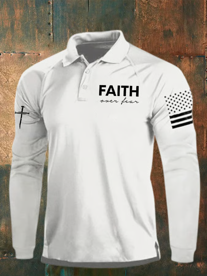 Faith Over Fear Vintage American Flag Polo Shirts For Men, Patriotic Golf Shirts, Long Sleeve Polo Shirt
