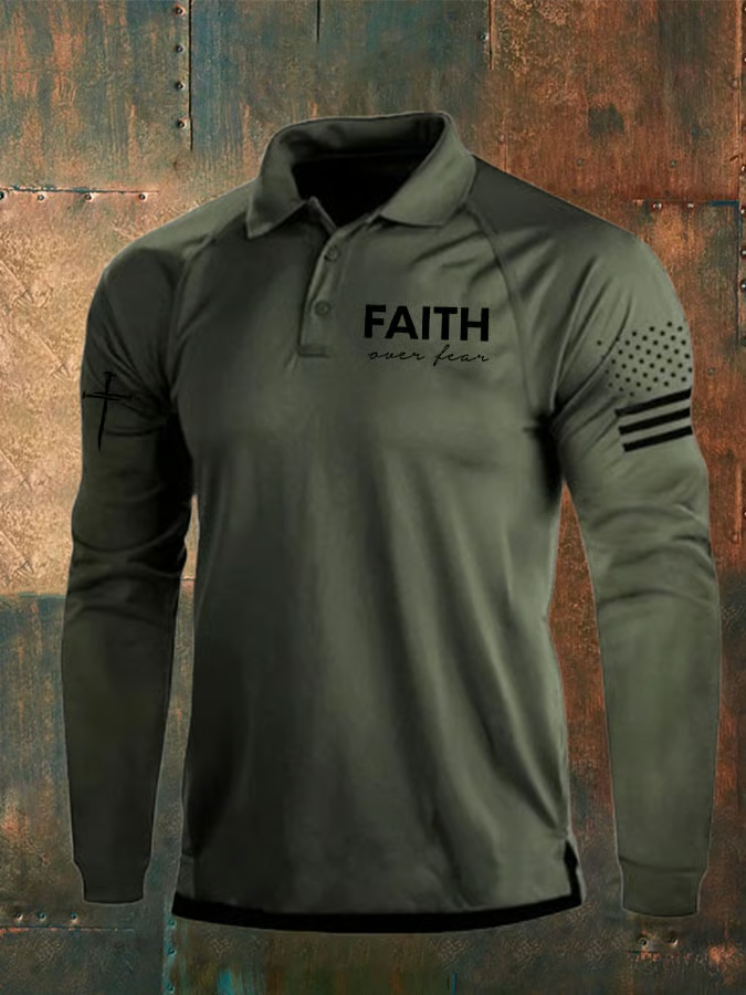 Faith Over Fear Vintage American Flag Polo Shirts For Men, Patriotic Golf Shirts, Long Sleeve Polo Shirt