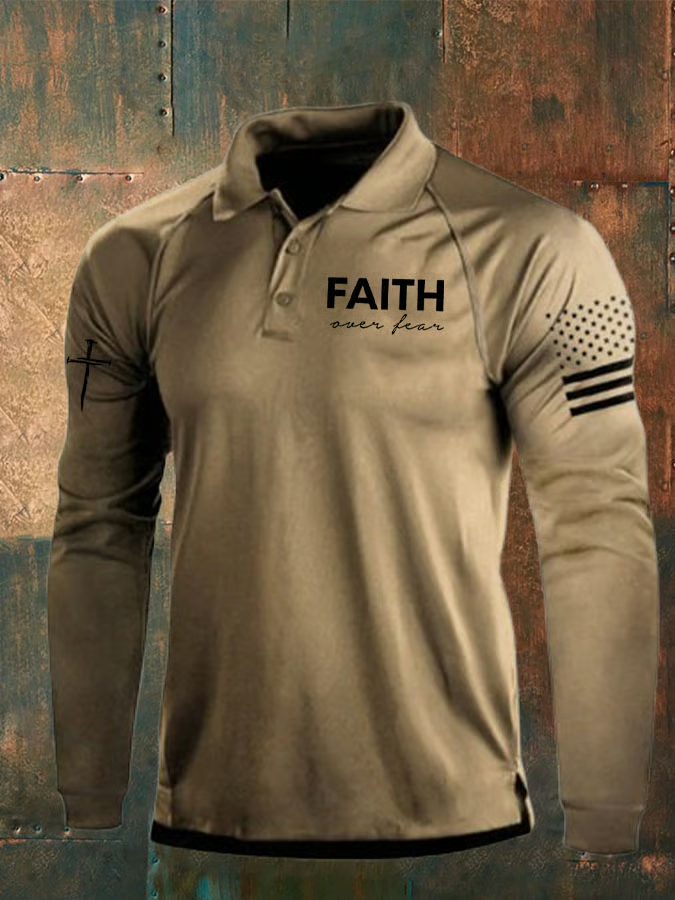 Faith Over Fear Vintage American Flag Polo Shirts For Men, Patriotic Golf Shirts, Long Sleeve Polo Shirt