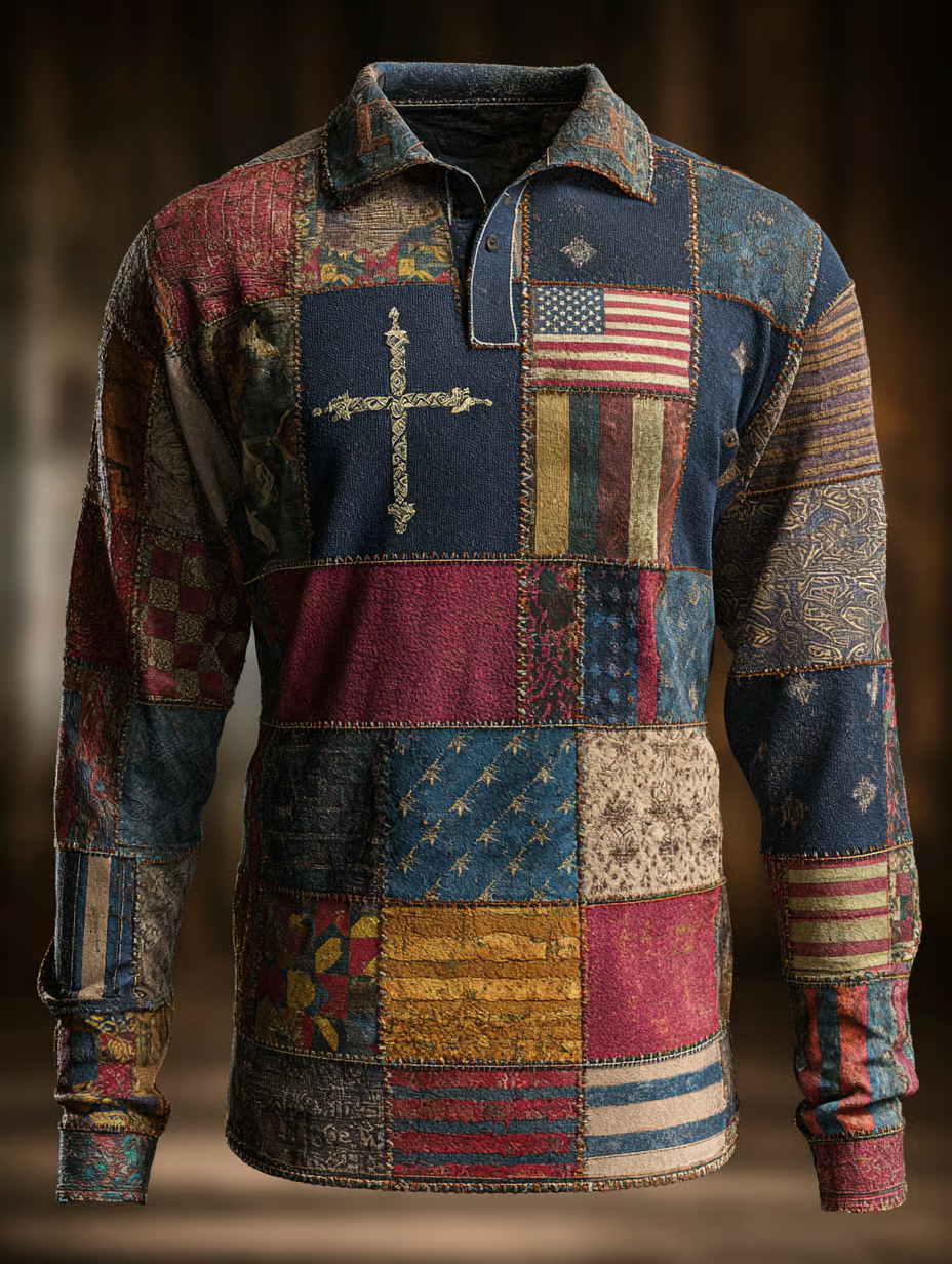 Distressed US Flag Pattern Polo Shirts For Men, Vintage Long Sleeve Polo Shirt, Retro Golf Polo