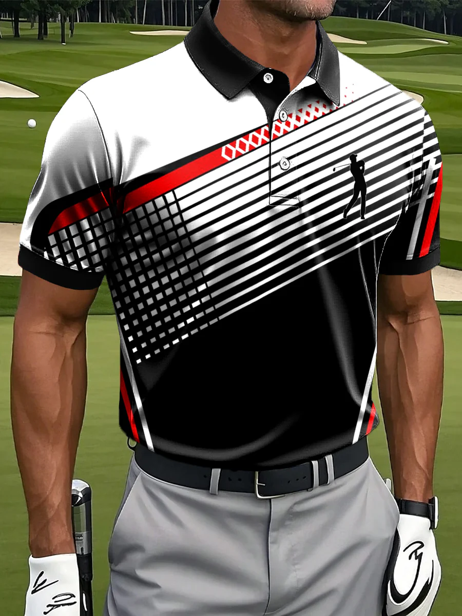 Irregular Line Patchwork Art Print Casual Business Polo Shirt, Polo Shirts For Men, Golf Gift For Men