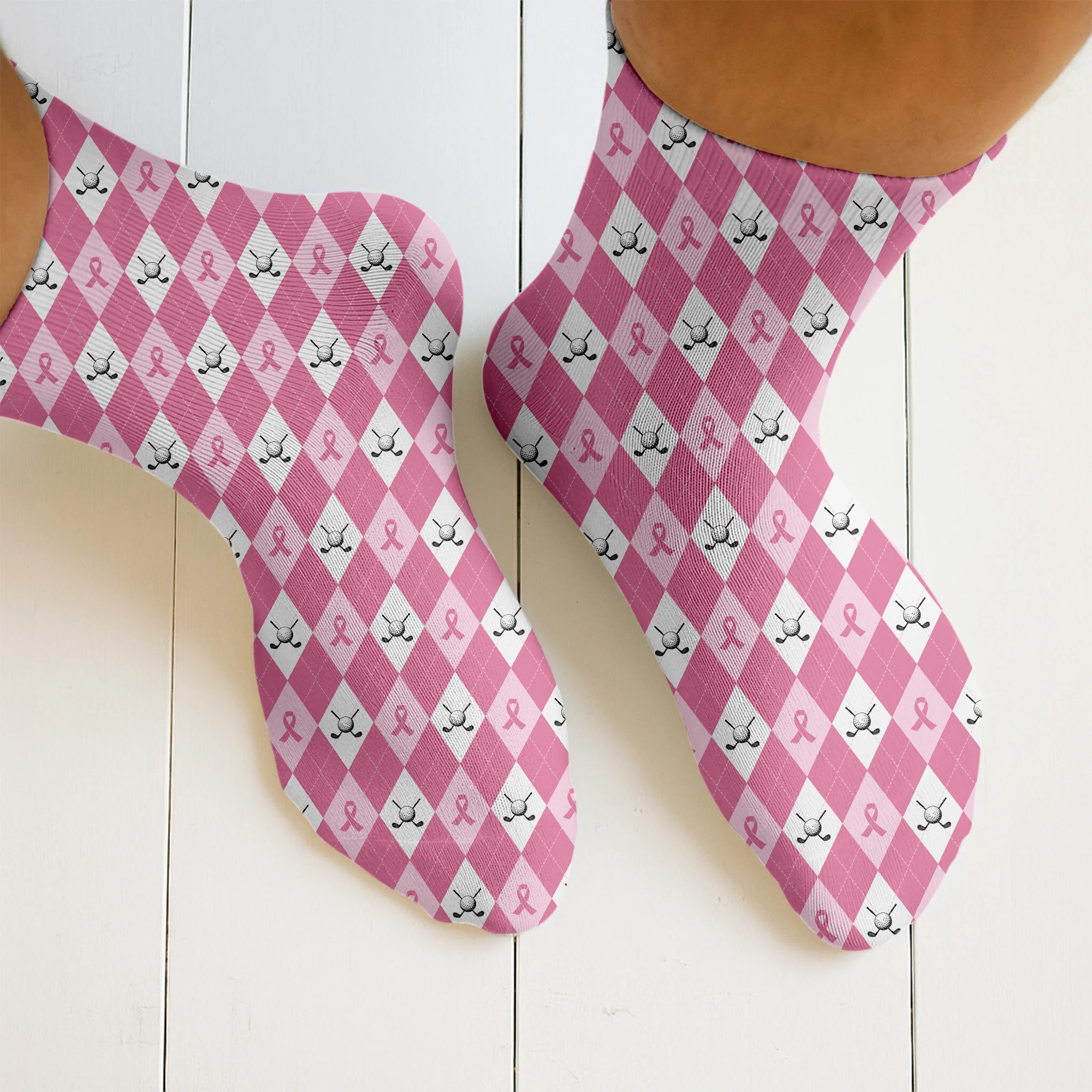 Pink Argyle Men's Golf Shirt With Socks Free, Breast Cancer Awareness Gift