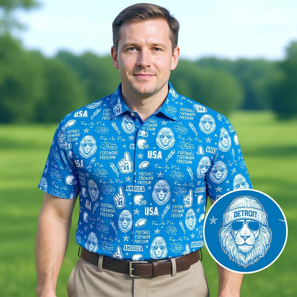 Cool Lion Football Freedom Blue Polo Shirt, American Football League Gift Ideas For Football Fans