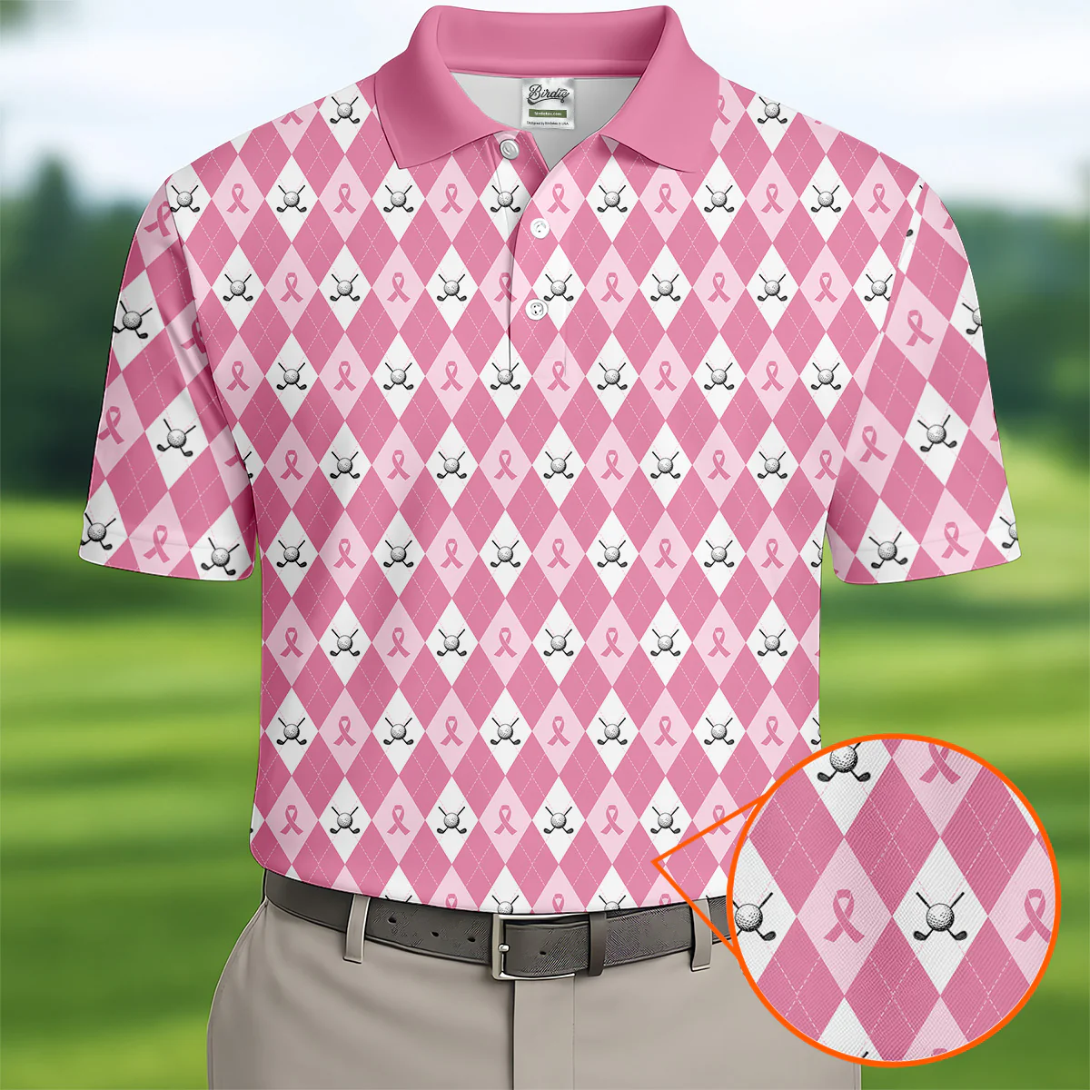 Pink Argyle Men's Golf Shirt With Socks Free, Breast Cancer Awareness Gift