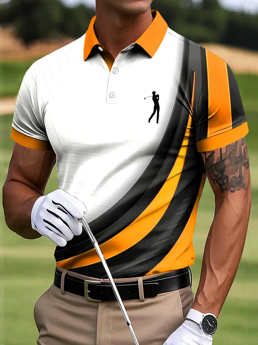 Striped Textured Patchwork Artistic Print Casual Business Polo Shirt, Polo Shirts For Men, Golf Gift For Men