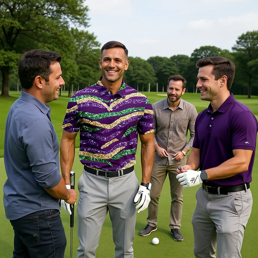 Purple Green Gold Sequin Pattern Purple Golf Shirt, Mardi Gras Golf Shirt, Polo Shirts For Men