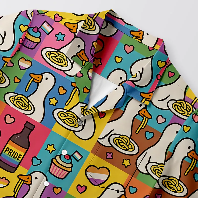 Pride Japanese Goose Eat Spaghetti Hawaiian Golf Shirt, Unique Golf Shirt, Tropical Vibe Funny Golf Shirt