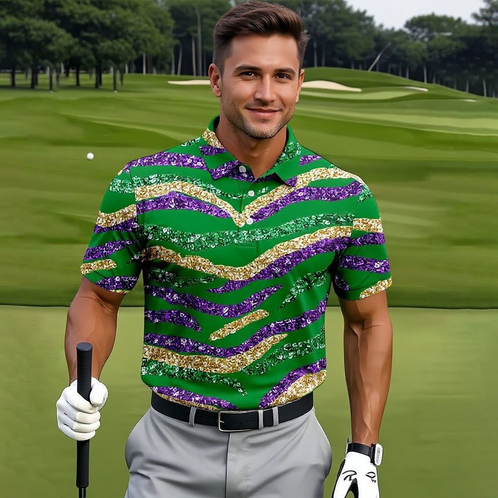 Purple Green Gold Sequin Pattern Green Golf Shirt, Mardi Gras Golf Shirt, Polo ShirtFor Men