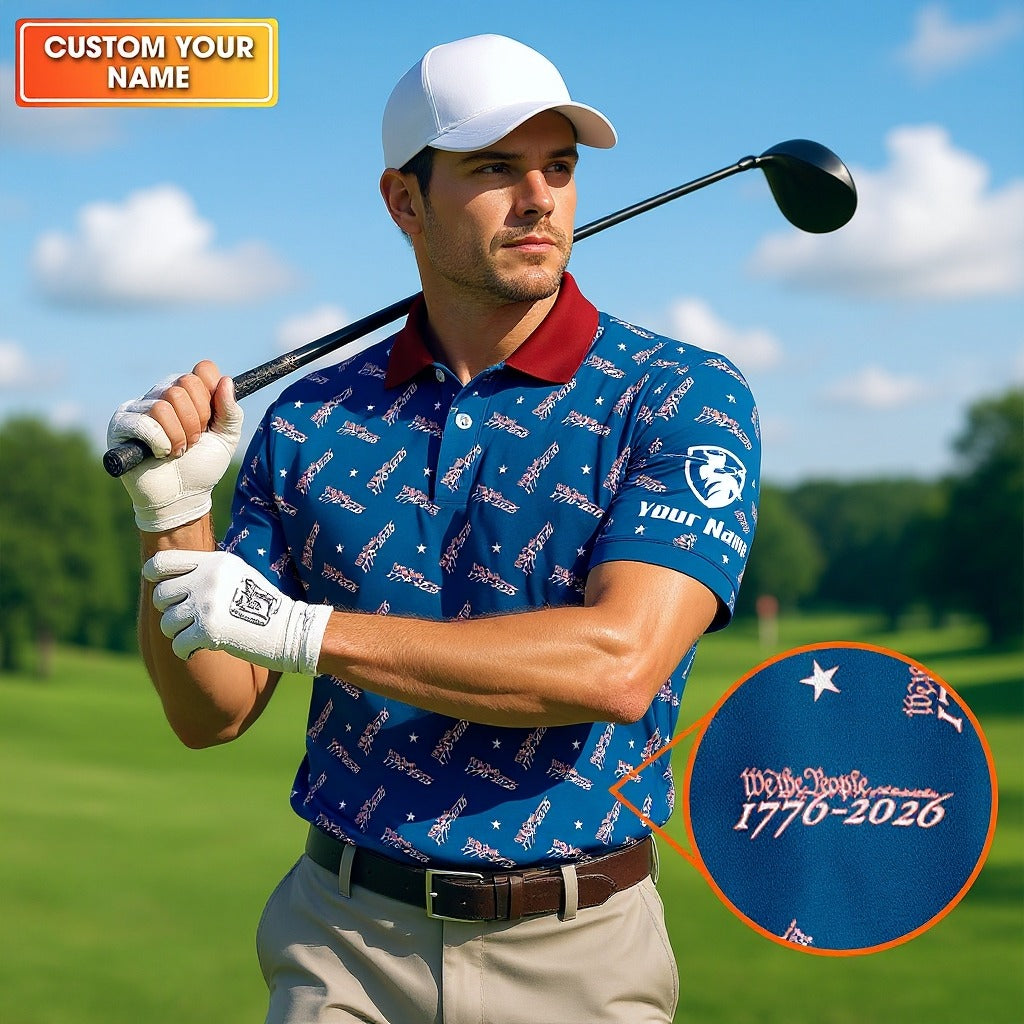 We The People 1776-2026 Navy Golf Shirt, 250th Anniversary Patriotic Golf Shirt, Golf Shirts For Men, Polo For Men