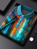 Colorful Line Art Printing Casual Business Polo Shirt, Polo Shirts For Men, Golf Gift For Men