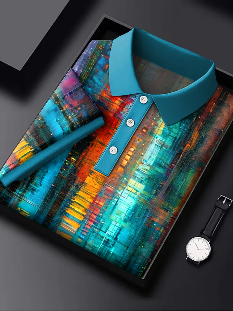 Colorful Line Art Printing Casual Business Polo Shirt, Polo Shirts For Men, Golf Gift For Men
