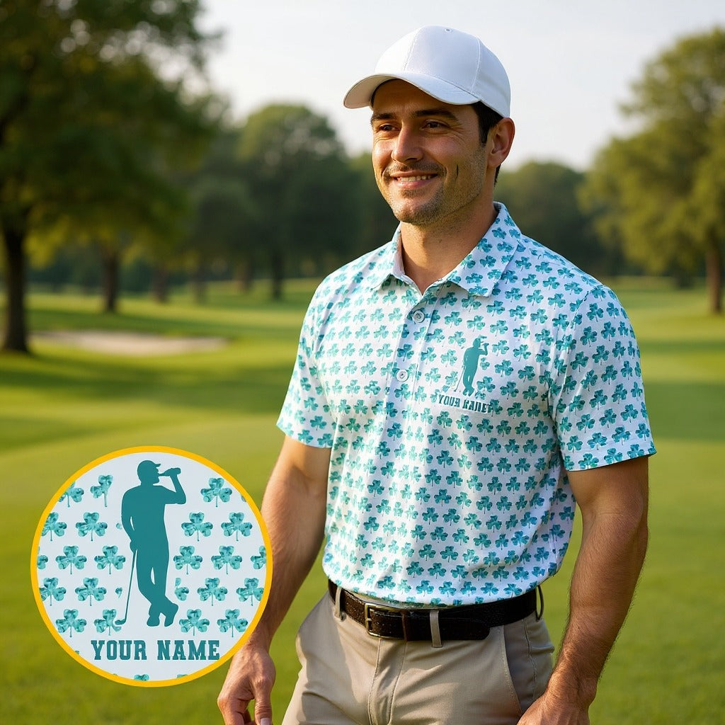 St Patrick's Day Shamrock Golf And Beer Blue And White Golf Shirt, Polo ShirtFor Men, Golf Shirts For Men