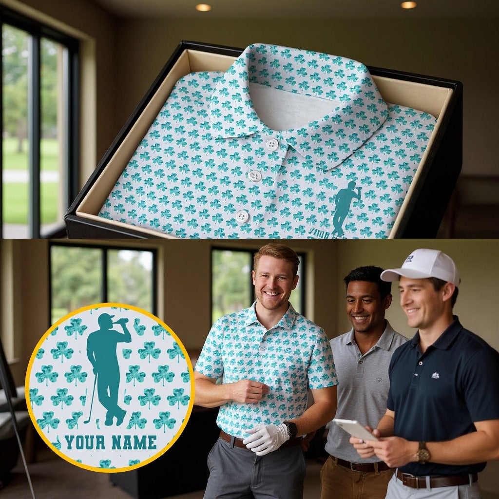 St Patrick's Day Shamrock Golf And Beer Blue And White Golf Shirt, Polo ShirtFor Men, Golf Shirts For Men