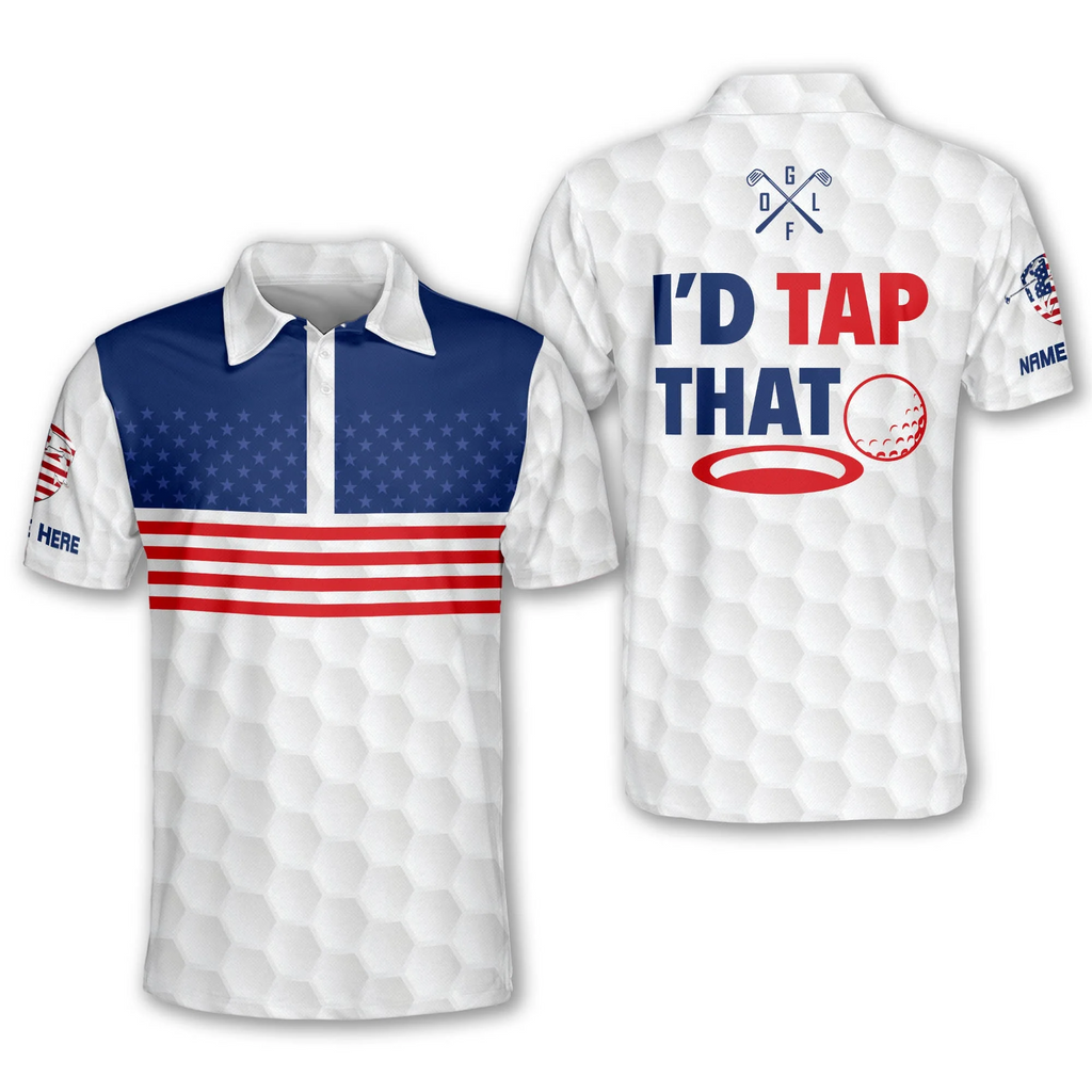 Just Tap It In American Flag Custom Name Golf Polo Shirts, Golf Gift For Men, Golfing Apparel
