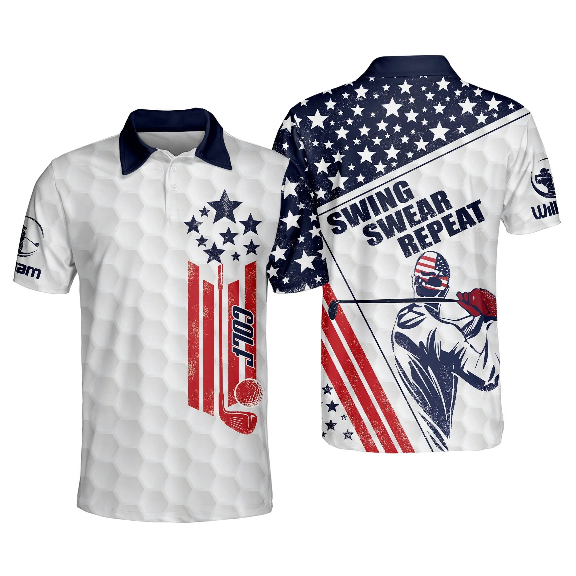 Custom Name American Retro Flag Golfer Silhouette Golf Polo Shirts, Golf Gift For Men, Golfing Apparel