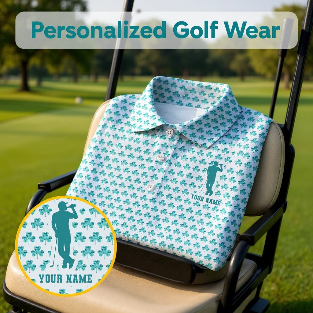 St Patrick's Day Shamrock Golf And Beer Blue And White Golf Shirt, Polo ShirtFor Men, Golf Shirts For Men