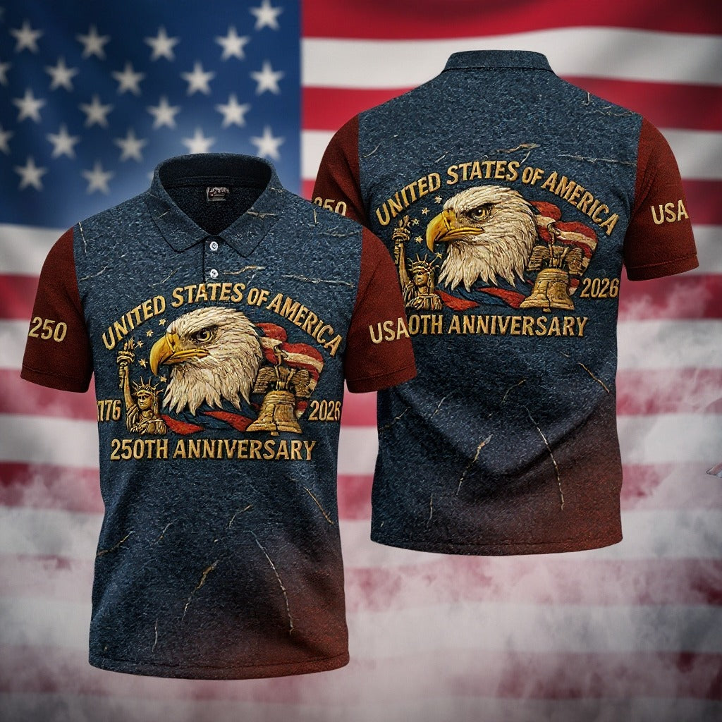 250th Anniversary American Flag And Eagle Denim Color Golf Tops For Men, Patriotic Golf Shirt, Golf Shirts For Men