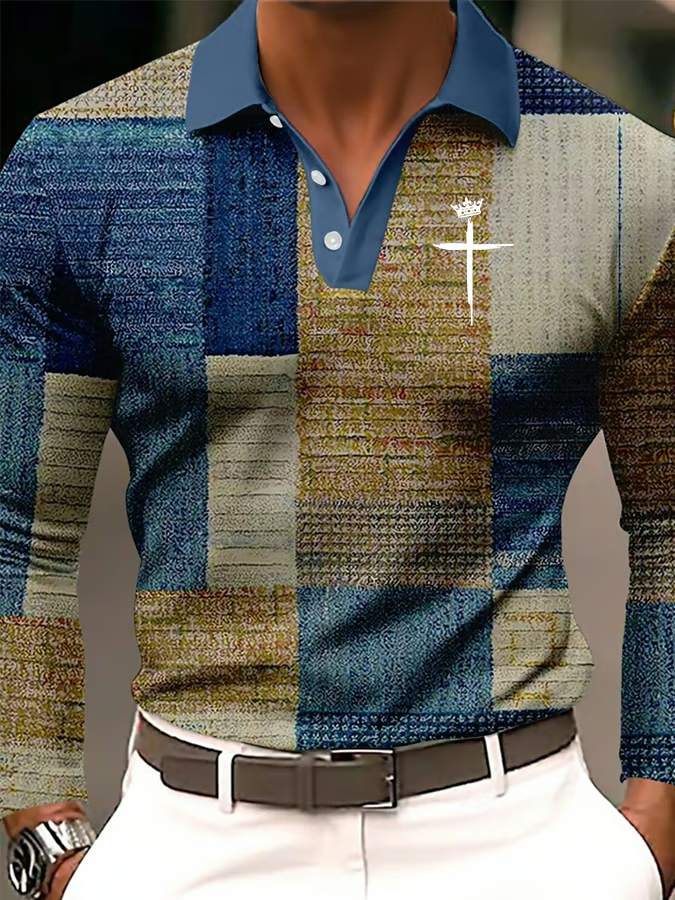 Retro Blue Polo Geometric Pattern Shirts For Men, Vintage Long Sleeve Polo Shirt, Retro Golf Polo