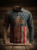 American Faith Retro American Flag Polo Shirts For Men, Patriotic Golf Shirts, Long Sleeve Polo Shirt