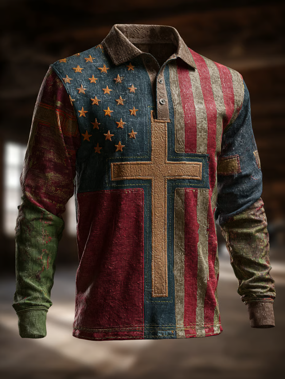 Religious Cross American Flag Golf Shirt, Polo Shirts For Men, 250th Anniversary Vintage Long Sleeve Polo Shirt