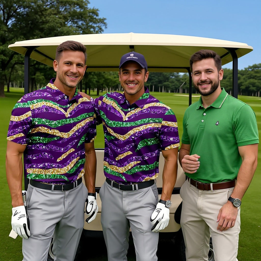 Purple Green Gold Sequin Pattern Purple Golf Shirt, Mardi Gras Golf Shirt, Polo Shirts For Men