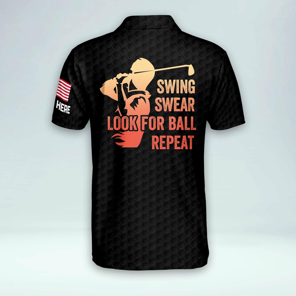 Swing Swear Look For Ball Repeat American Flag Custom Name Golf Polo Shirts, Golf Gift For Men, Golfing Apparel