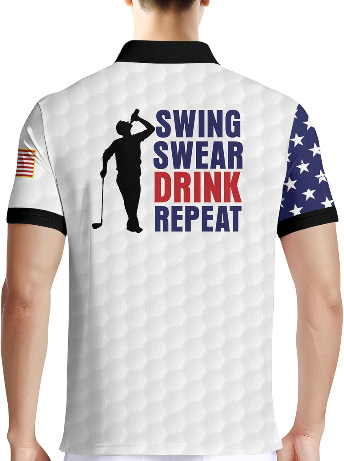 Swing Swear Drink Repeat Patriotic American Flag Golf Polo Shirts, Golf Gift For Men, Golf Shirts For Men