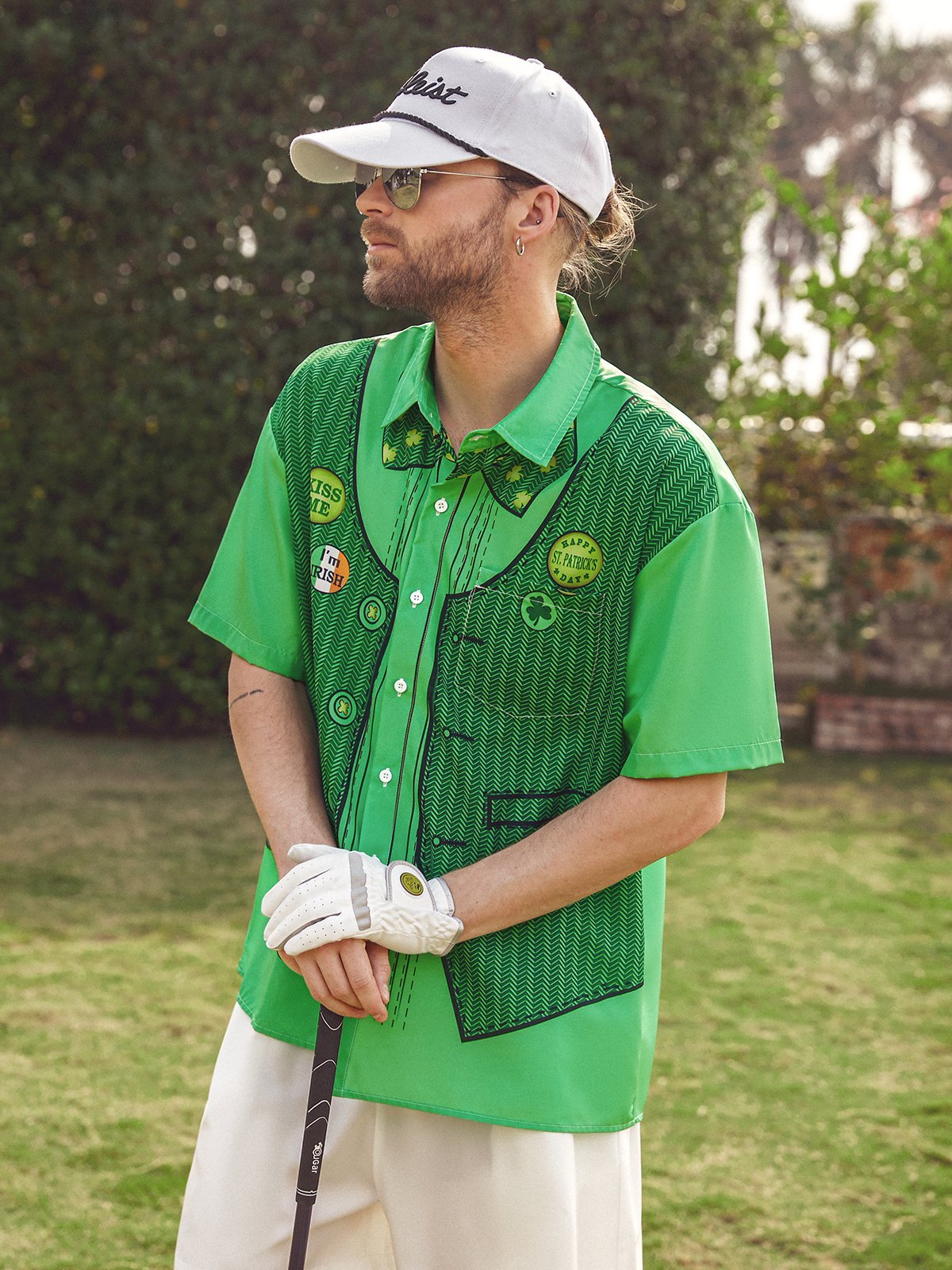 Green St. Patrick's Day Lucky Clover Gold Coins Hawaiian Golf Shirt, Tropical Vibe Men's Golf Shirt
