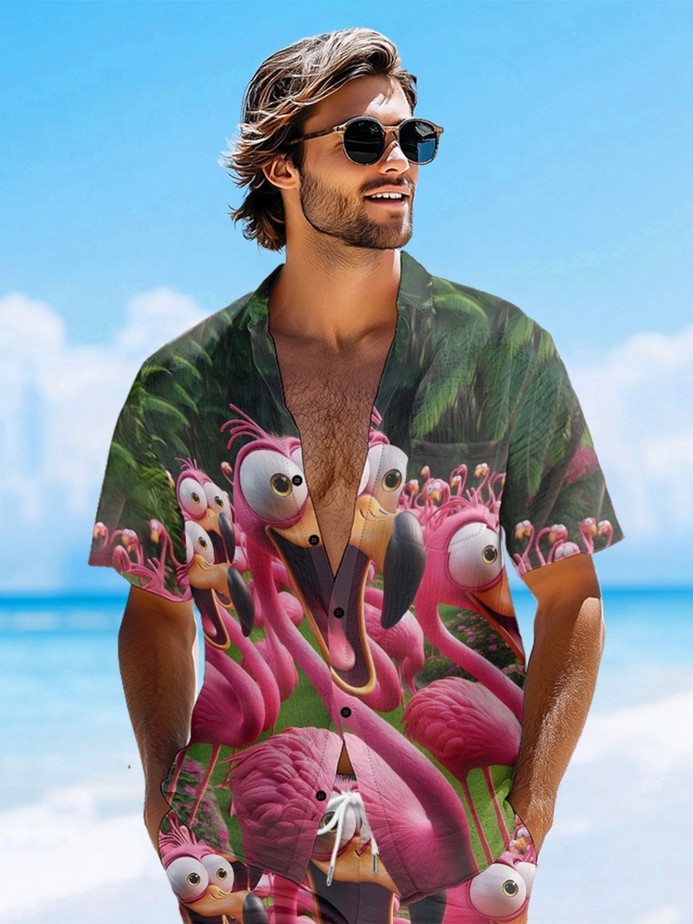 Flamingo Funny Shock Art Hawaiian Golf Shirt,  Men's Golf Shirt, Tropical Vibe Funny Golf Shirt