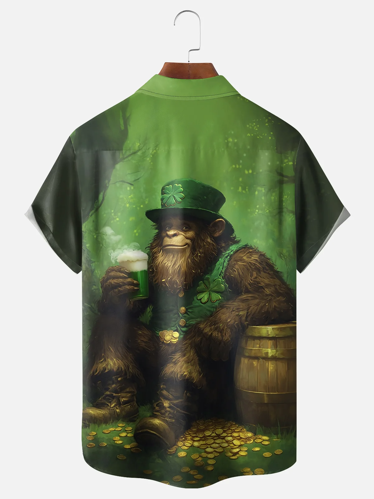 St. Patrick's Day Bigfoot Four Leaf Beer Hawaiian Golf Shirt, Holiday Hawaiian Shirt, Tropical Vibe Men's Golf Shirt