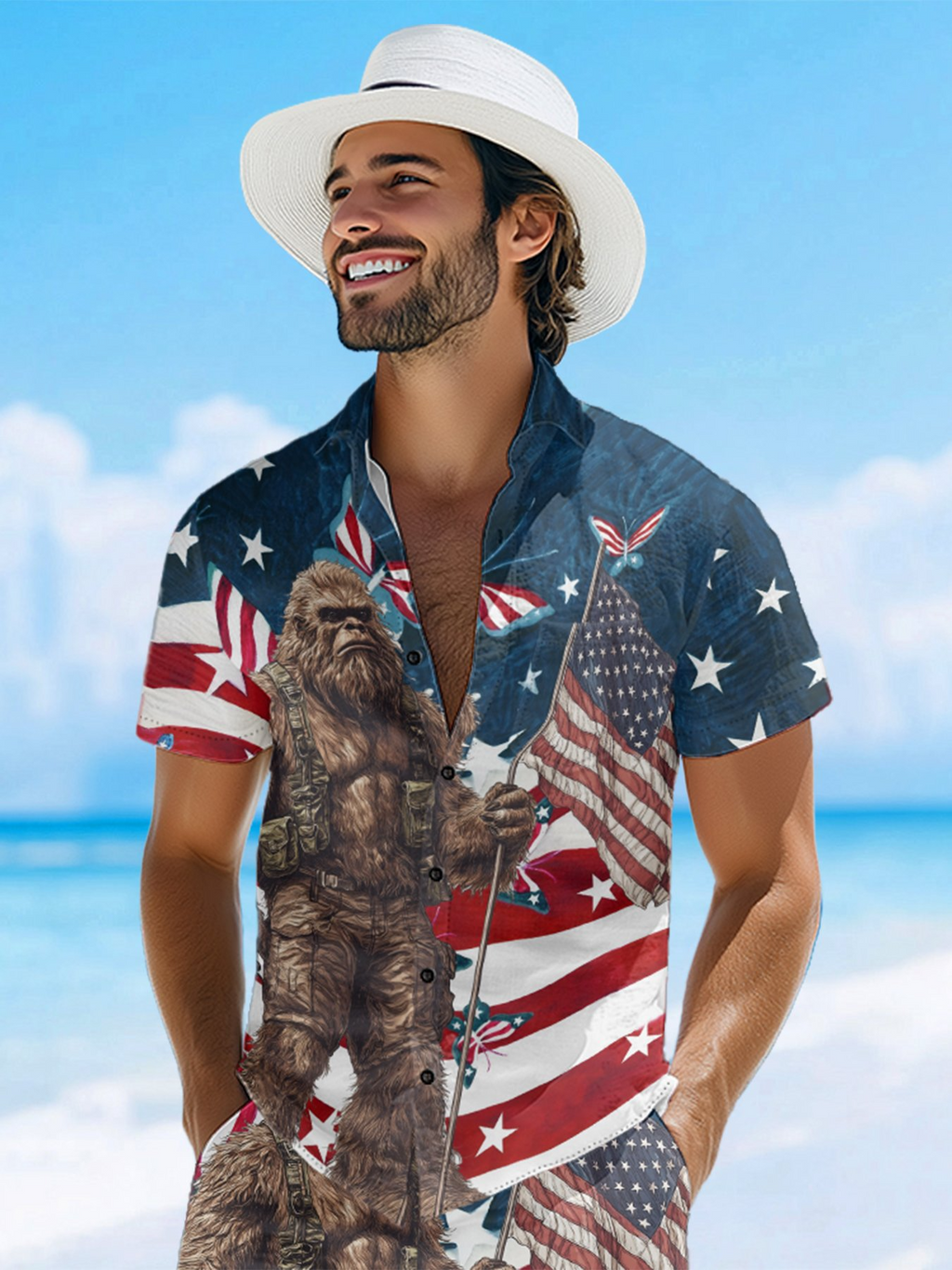 American Flag Pride Bigfoot Hawaiian Golf Shirt, 250th Anniversary Tropical Vibe Men's Golf Shirt