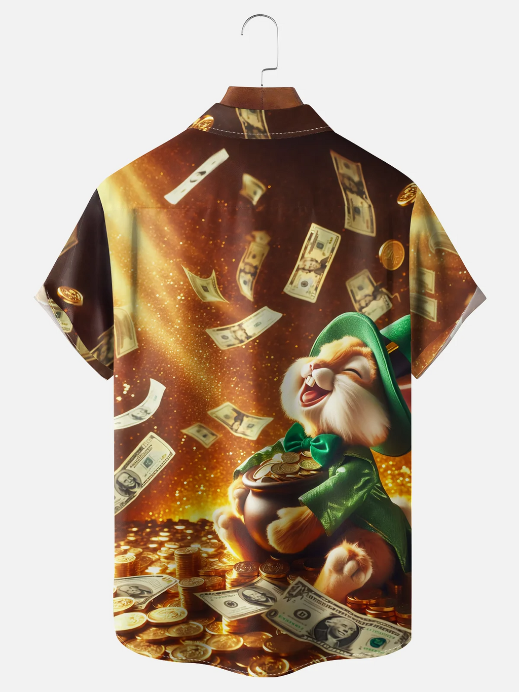 St Patrick‘s Day Shamrock Gold Coins US Dollars Easter Bunny Hawaiian Golf Shirt,  Men's Golf Shirt