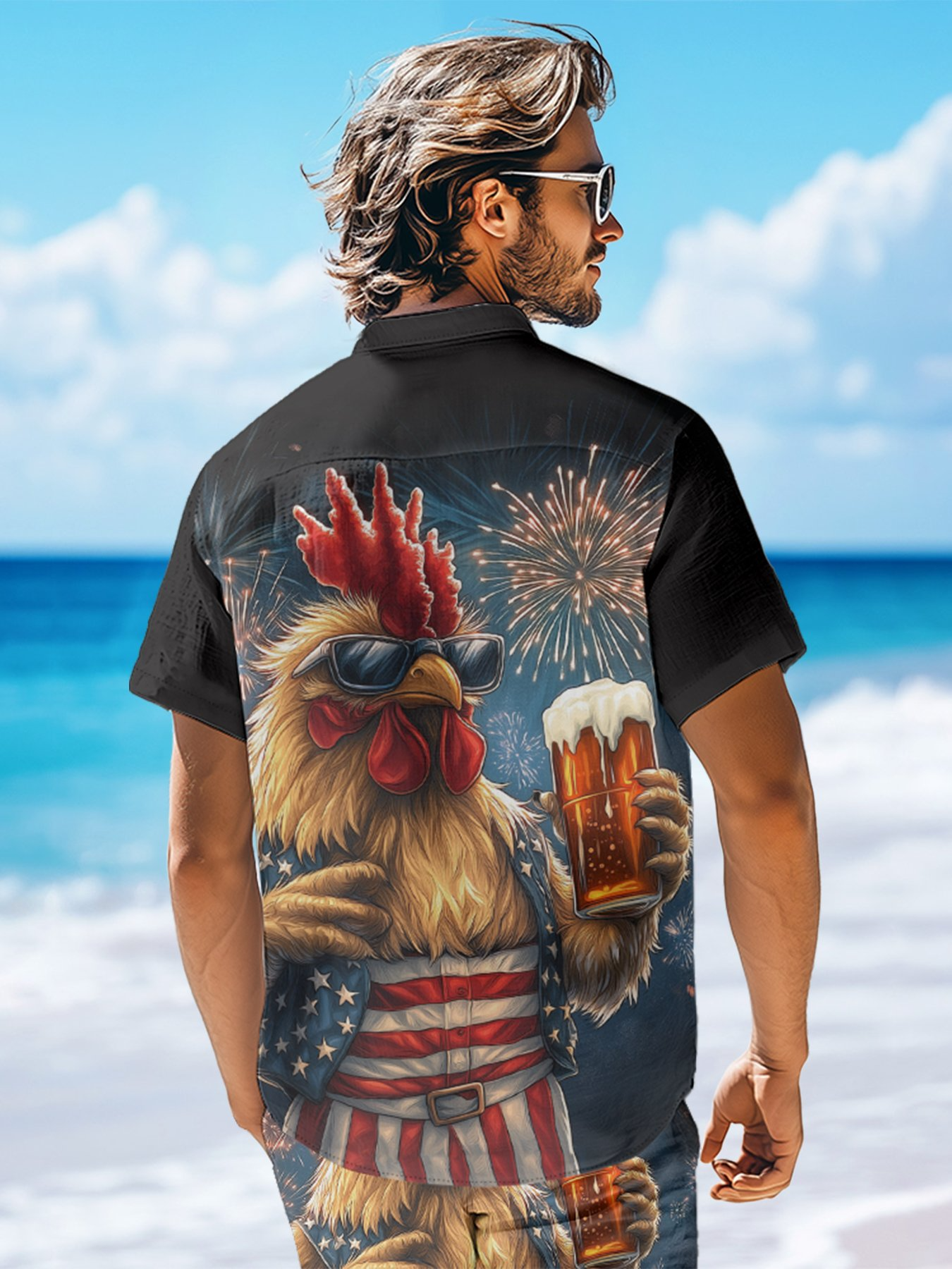 Rooster Beer USA Patriotic Hawaiian Golf Shirt, 250th Anniversary Tropical Vibe Men's Golf Shirt