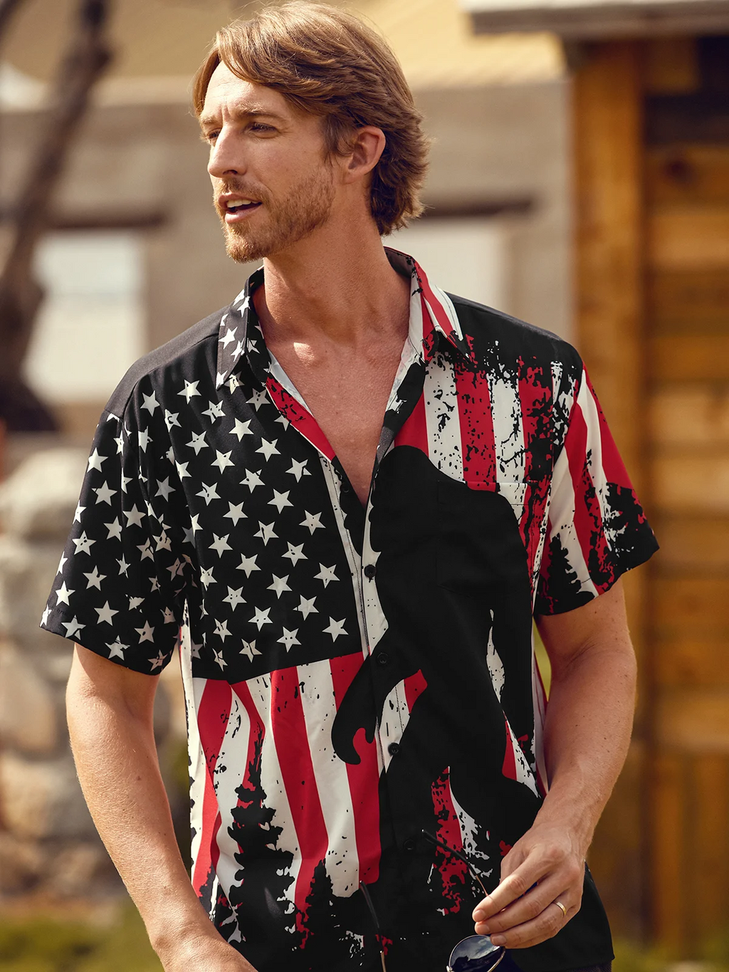 American Patriot Bigfoot US Flag Print Hawaiian Golf Shirt, 250th Anniversary Tropical Vibe Men's Golf Shirt
