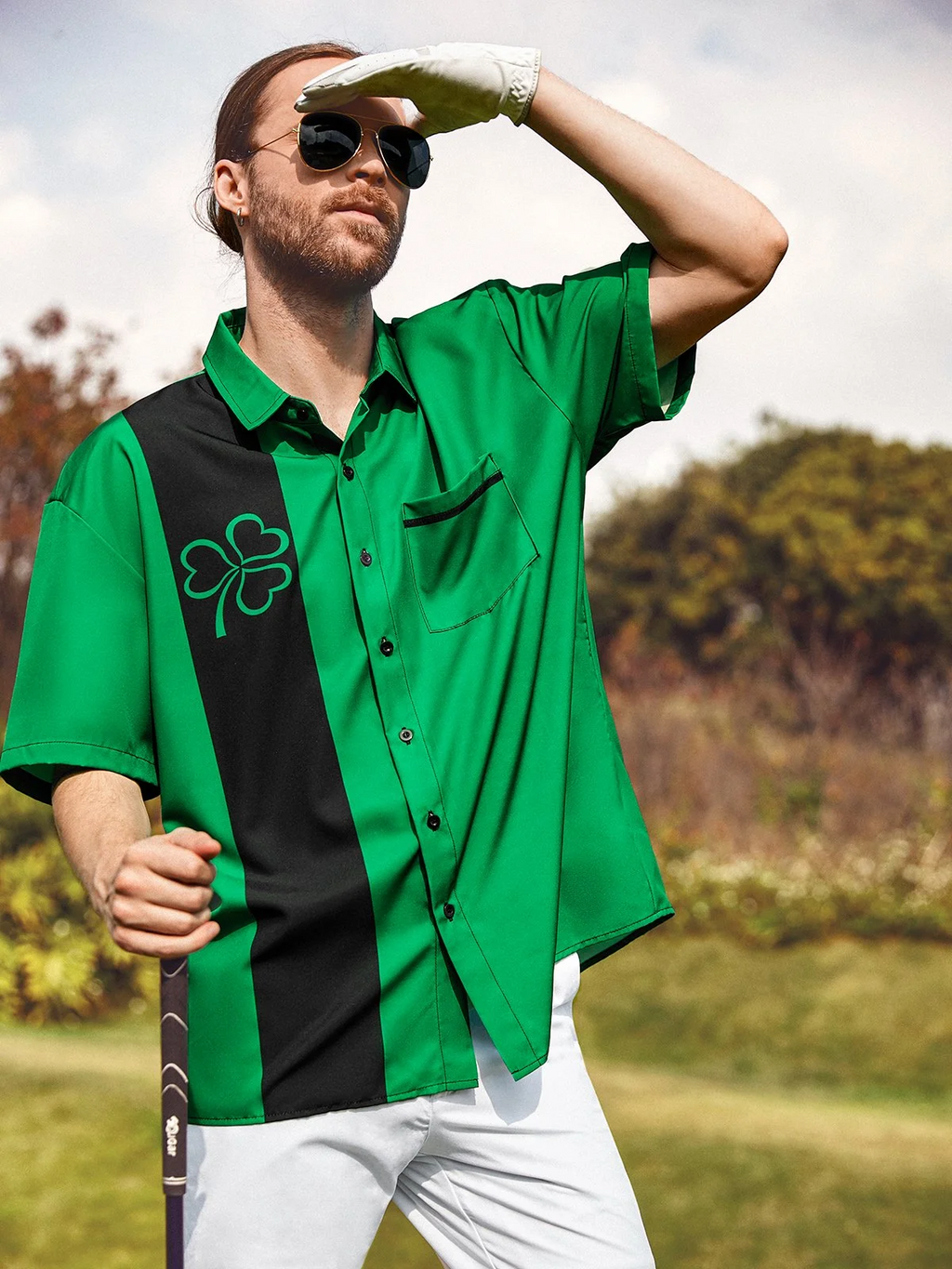 Green St. Patrick's Day Lucky Clover Hawaiian Golf Shirt, Holiday Hawaiian Shirt, Tropical Vibe Men's Golf Shirt