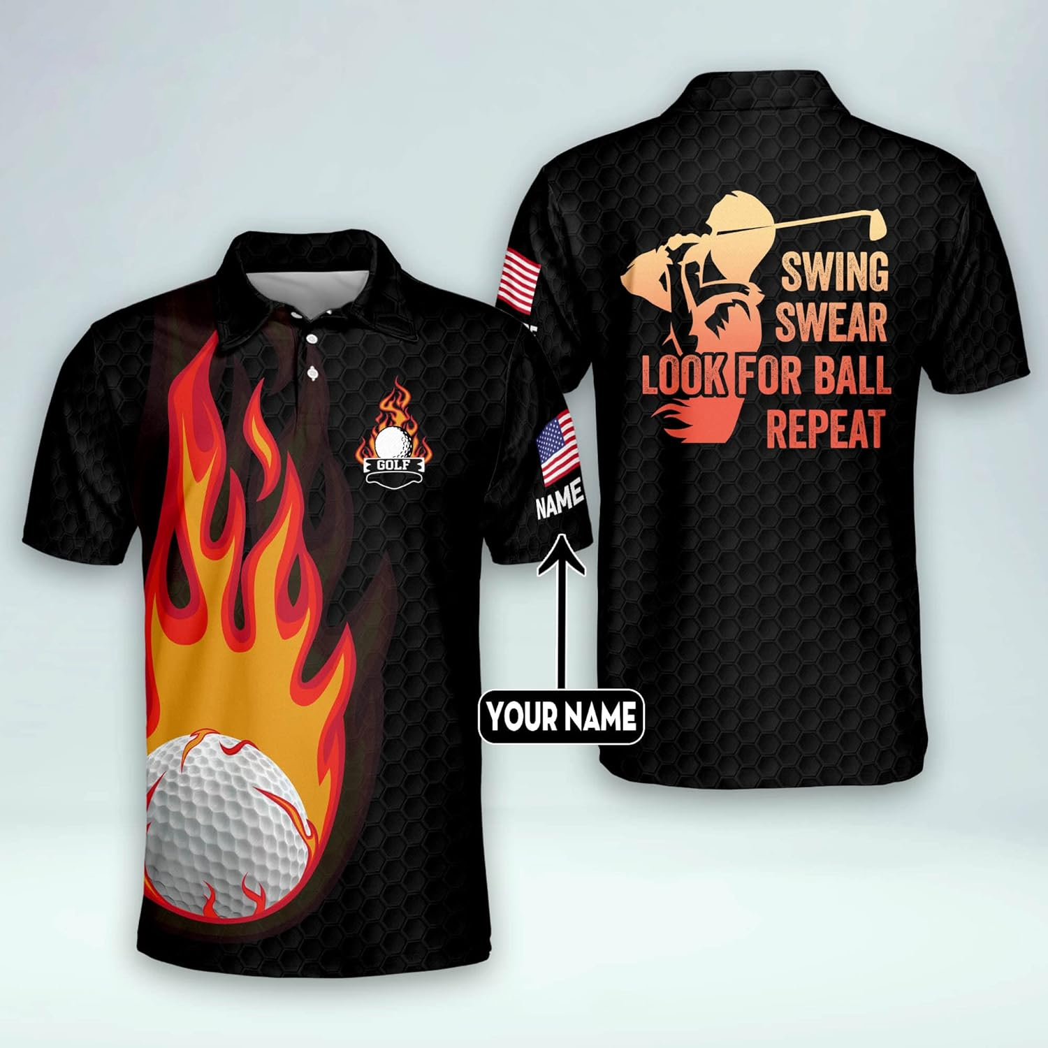 Swing Swear Look For Ball Repeat American Flag Custom Name Golf Polo Shirts, Golf Gift For Men, Golfing Apparel