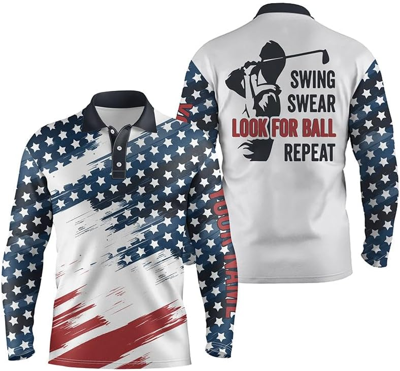 Swing Swear Look For Ball Repeat American Flag Custom Name Golf Polo Shirts, Golf Gift For Men