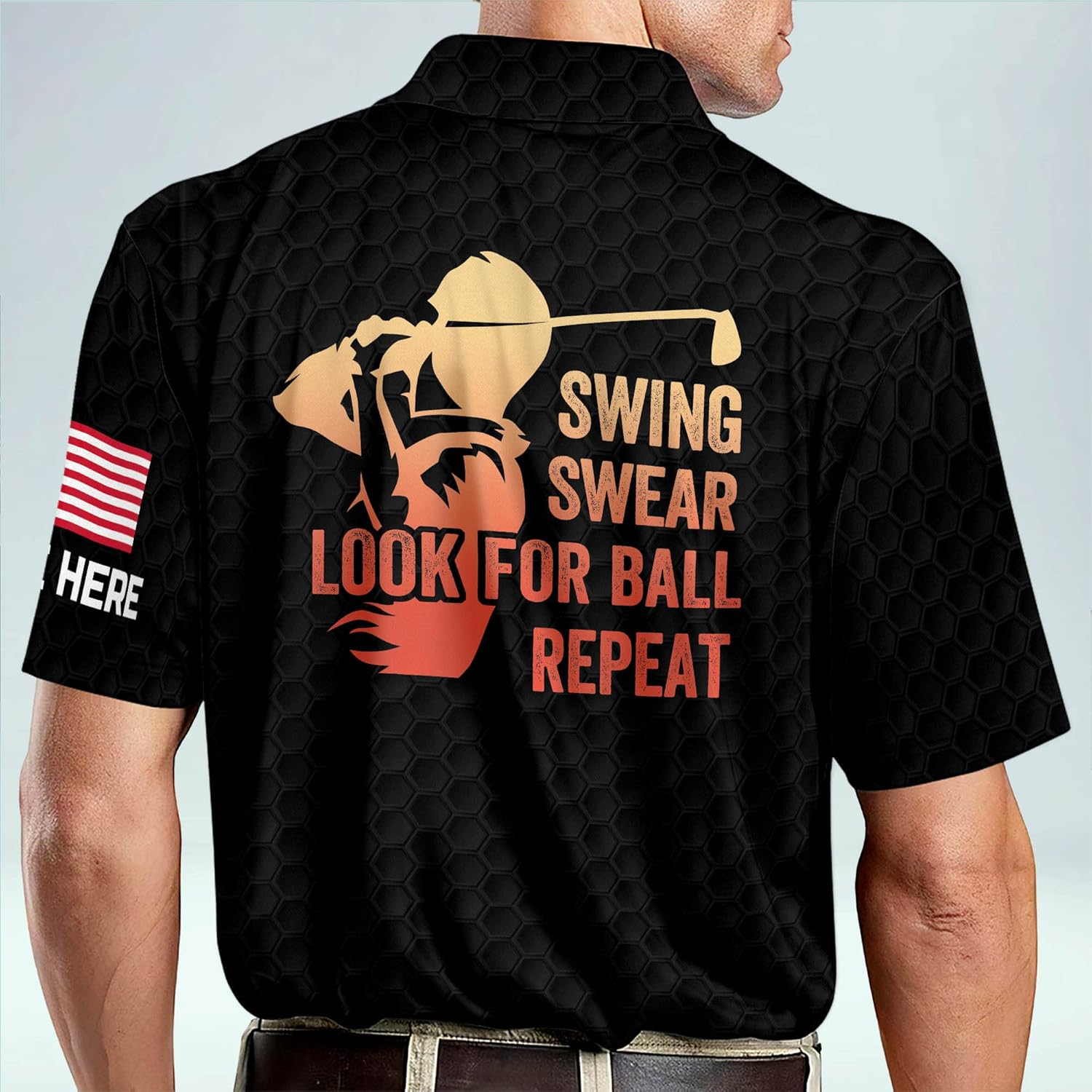 Swing Swear Look For Ball Repeat American Flag Custom Name Golf Polo Shirts, Golf Gift For Men, Golfing Apparel