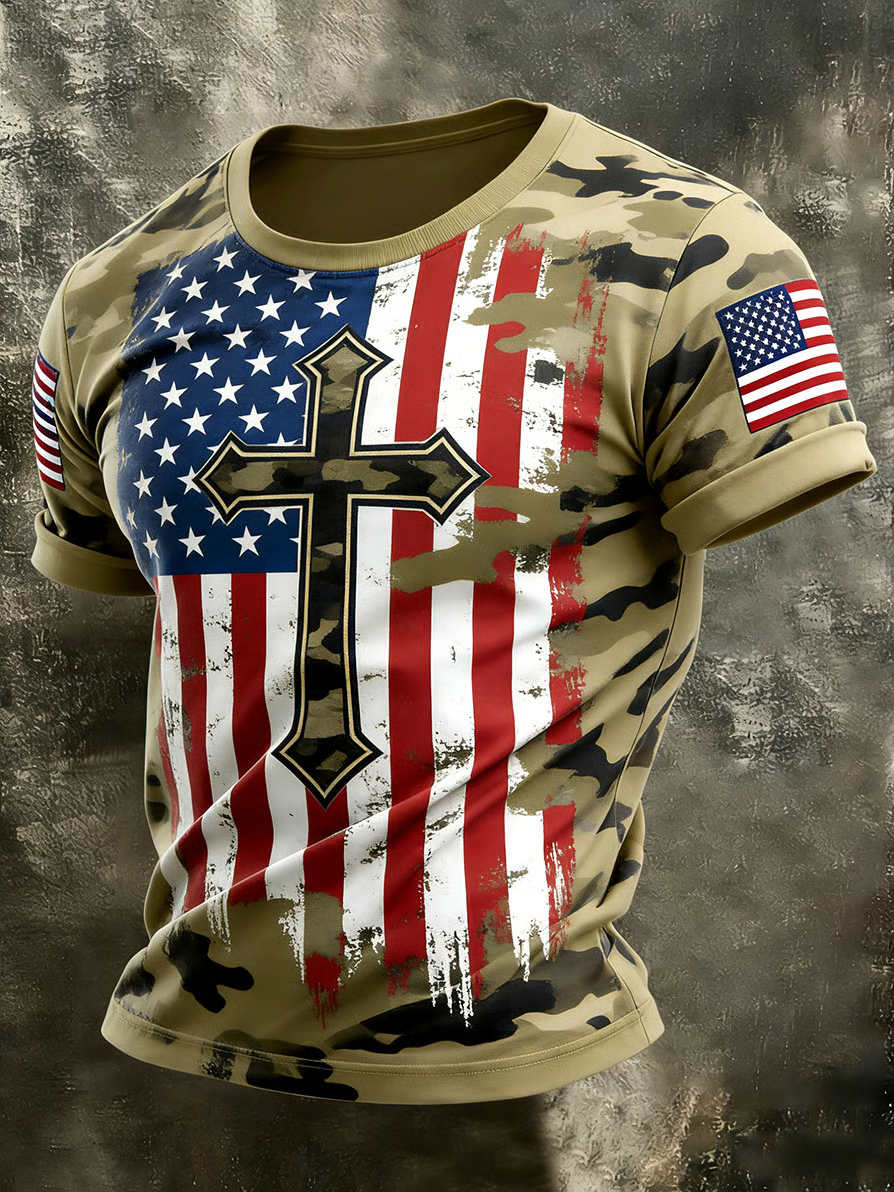 Faith Cross Green Camouflage US 250th Anniversary Distressed Golf Shirt, Patriotic Golf Shirt, 4th Of July Golf Shirt