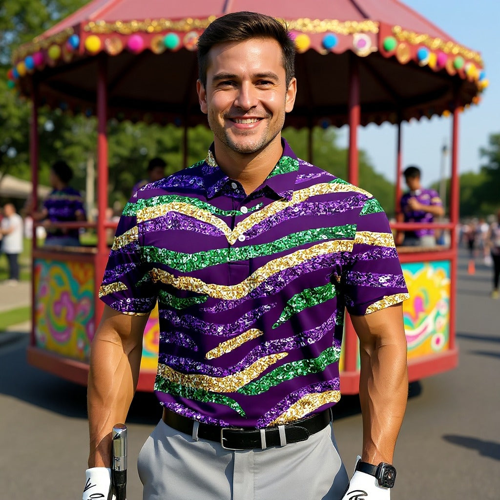 Purple Green Gold Sequin Pattern Purple Golf Shirt, Mardi Gras Golf Shirt, Polo Shirts For Men