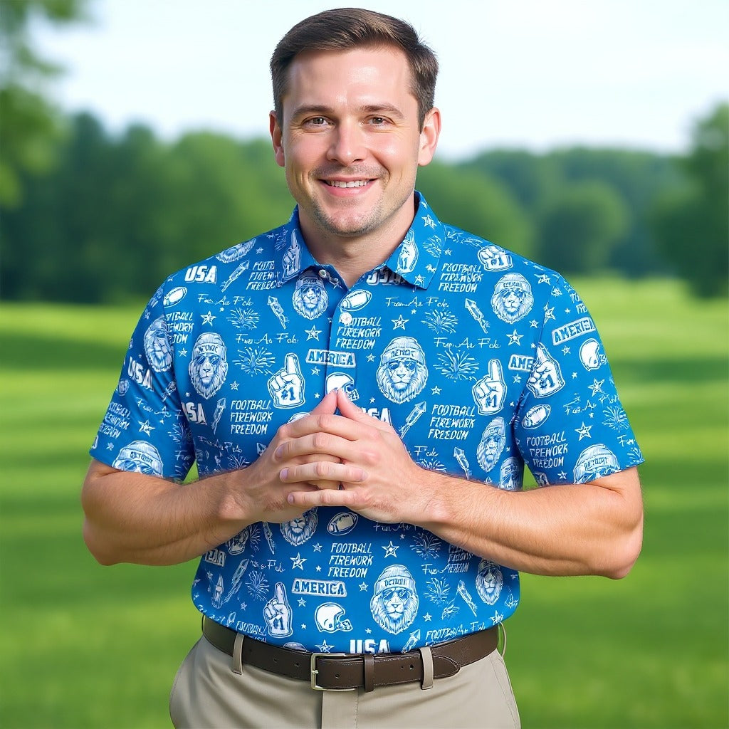 Cool Lion Football Freedom Blue Polo Shirt, American Football League Gift Ideas For Football Fans