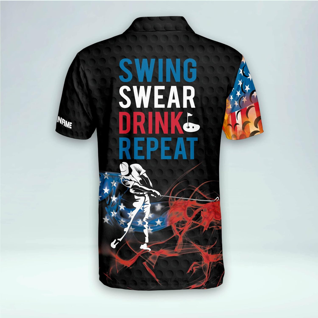 Swing Swear Drink Repeat American Flag Custom Name Golf Polo Shirts, Golf Gift For Men, Golfing Apparel