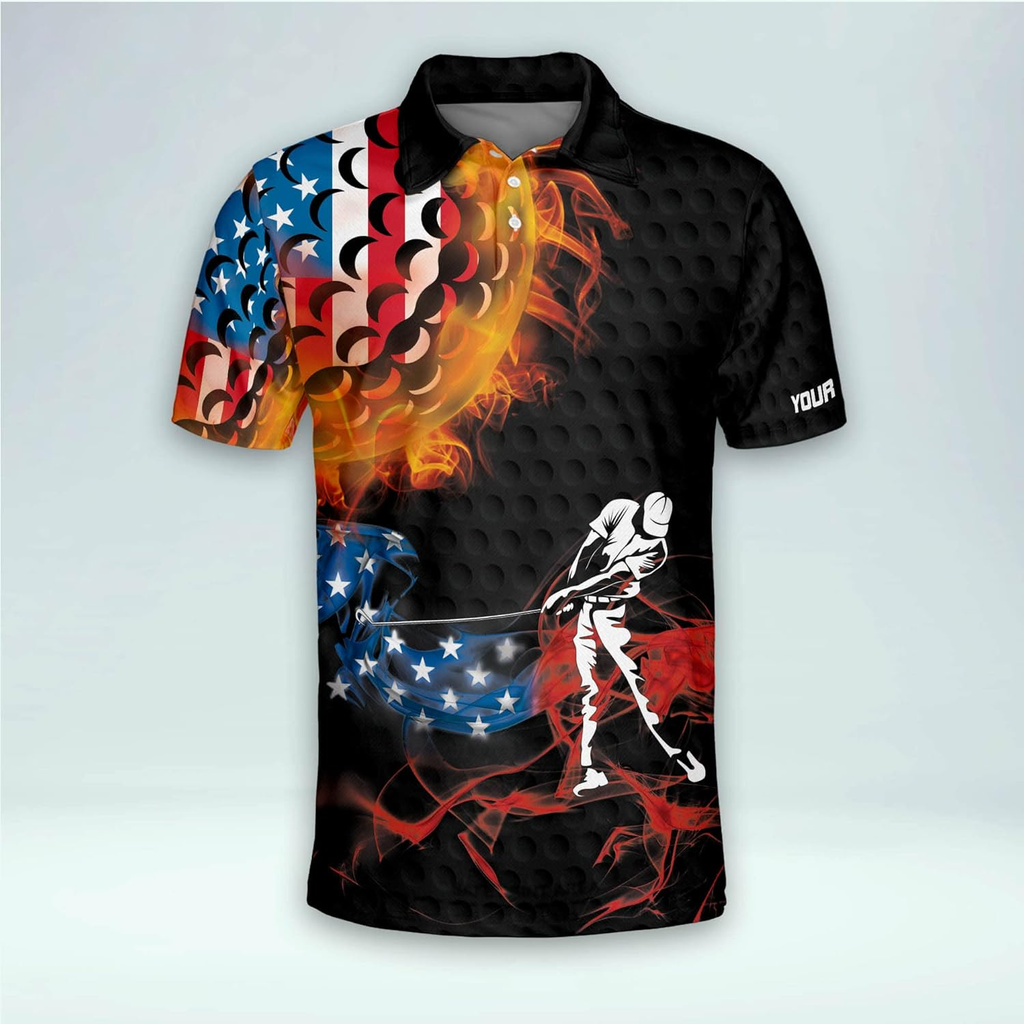 Swing Swear Drink Repeat American Flag Custom Name Golf Polo Shirts, Golf Gift For Men, Golfing Apparel