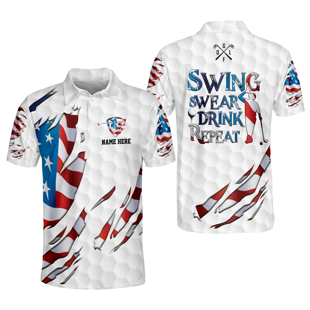 Custom Name Swing Swear Repeat American Flag Ripped Golf Polo Shirts, Golf Gift For Men, Golfing Apparel