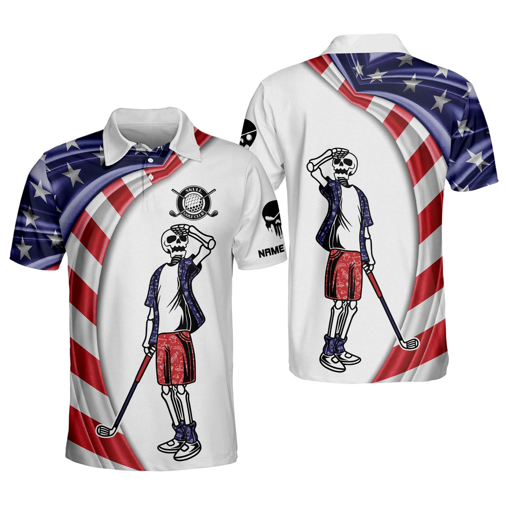 Custom Name Patriotic American Flag Skull Crazy Golf Polo Shirts, Golf Gift For Men, Golfing Apparel